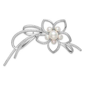 925 Sterling Silver FWC Pearl and CZ Ribbon Flower Brooch